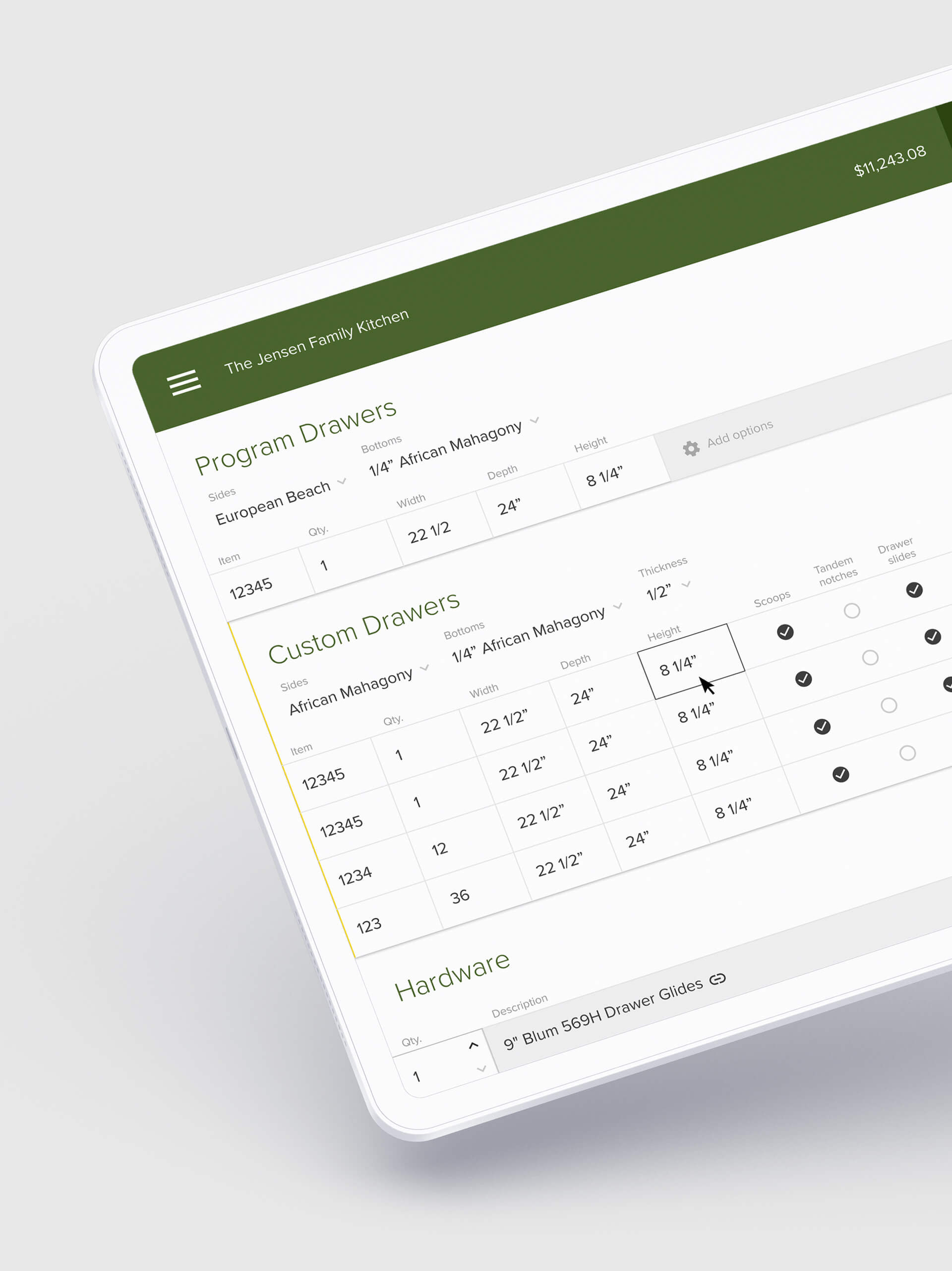 Denver Dovetail Drawer ordering web application page